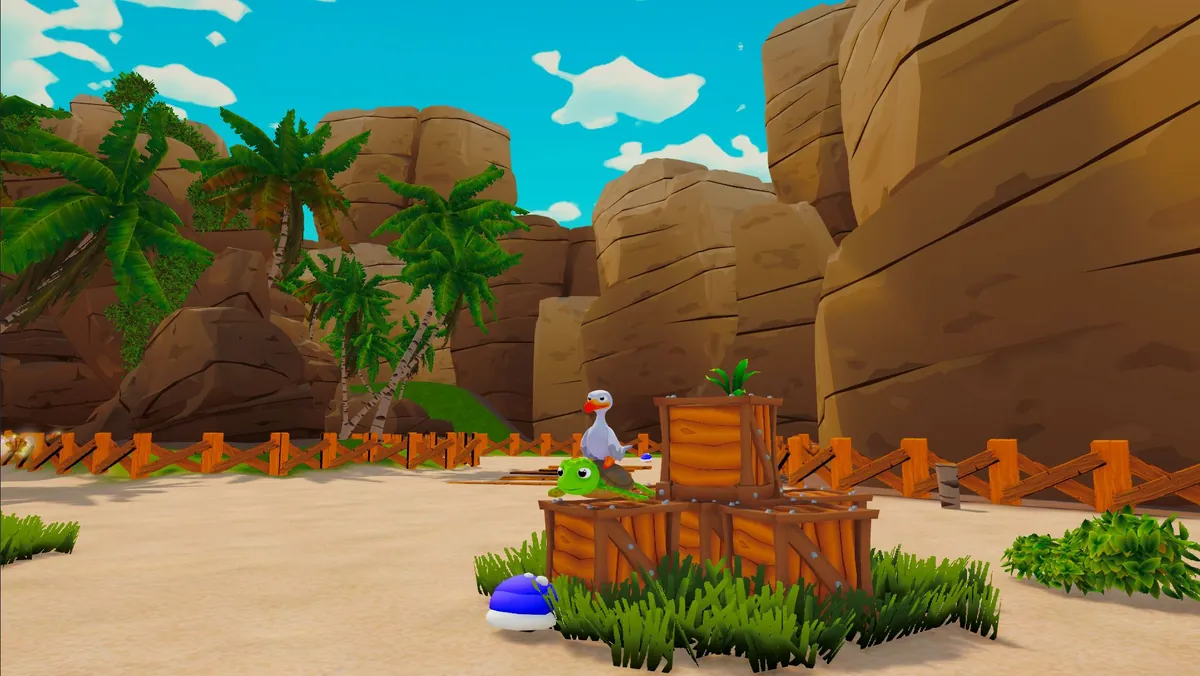 Kiko the seagull perched on Koopa the turtle's shell beside a stack of wooden crates, in a sandy cove between tall cliffs and palm trees.